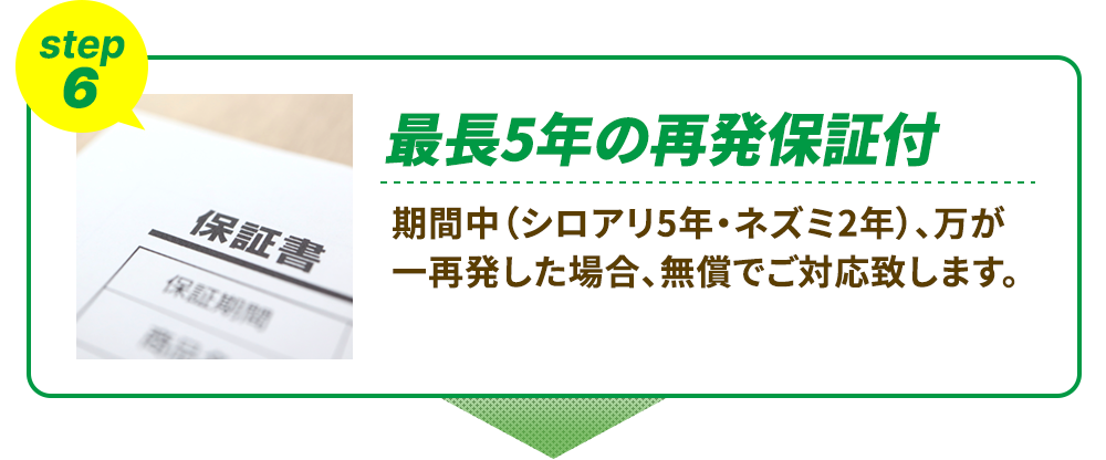 ⑥最長5年の再発保証付