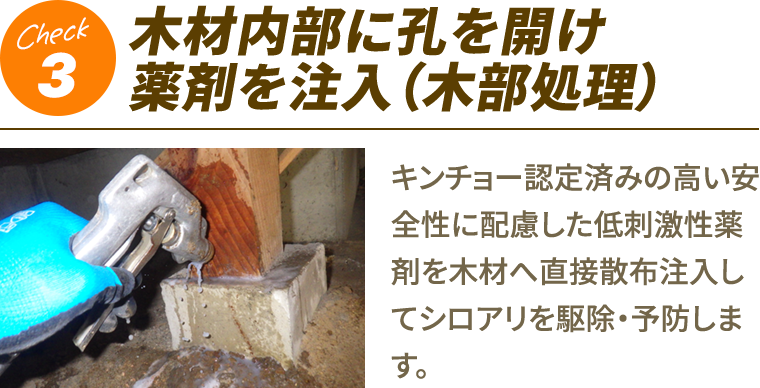 3.木材内部に孔を開け薬剤を注入（木部処理）