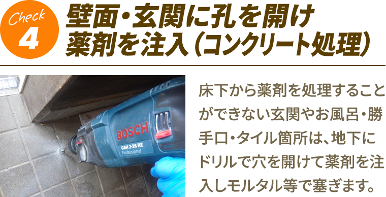 4.壁面・玄関に孔を開け薬剤を注入（コンクリート処理）